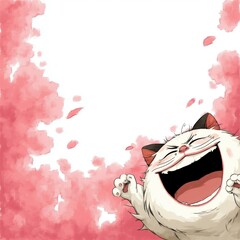 A joyful cartoon cat leaps with excitement on a blank background bordered by soft pink watercolor splashes.