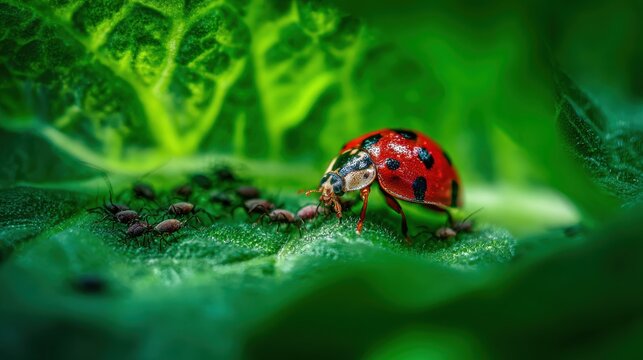 A ladybug is eating a bug on a leaf