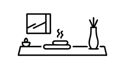 Yoga Room Interior Monoline Outline Illustration. Minimalist Meditation Space Line Art Scene