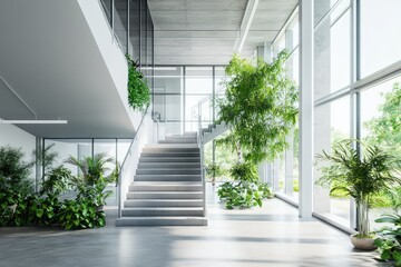 Obraz premium Modern, bright office interior with concrete, glass, and lush greenery