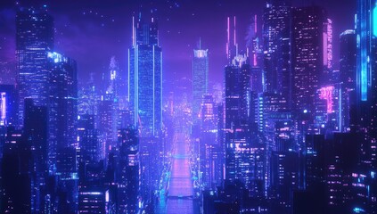 Neon-lit futuristic city skyline at night