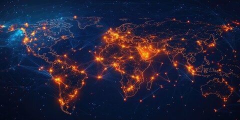 Global network map, illuminated with glowing cities and connections