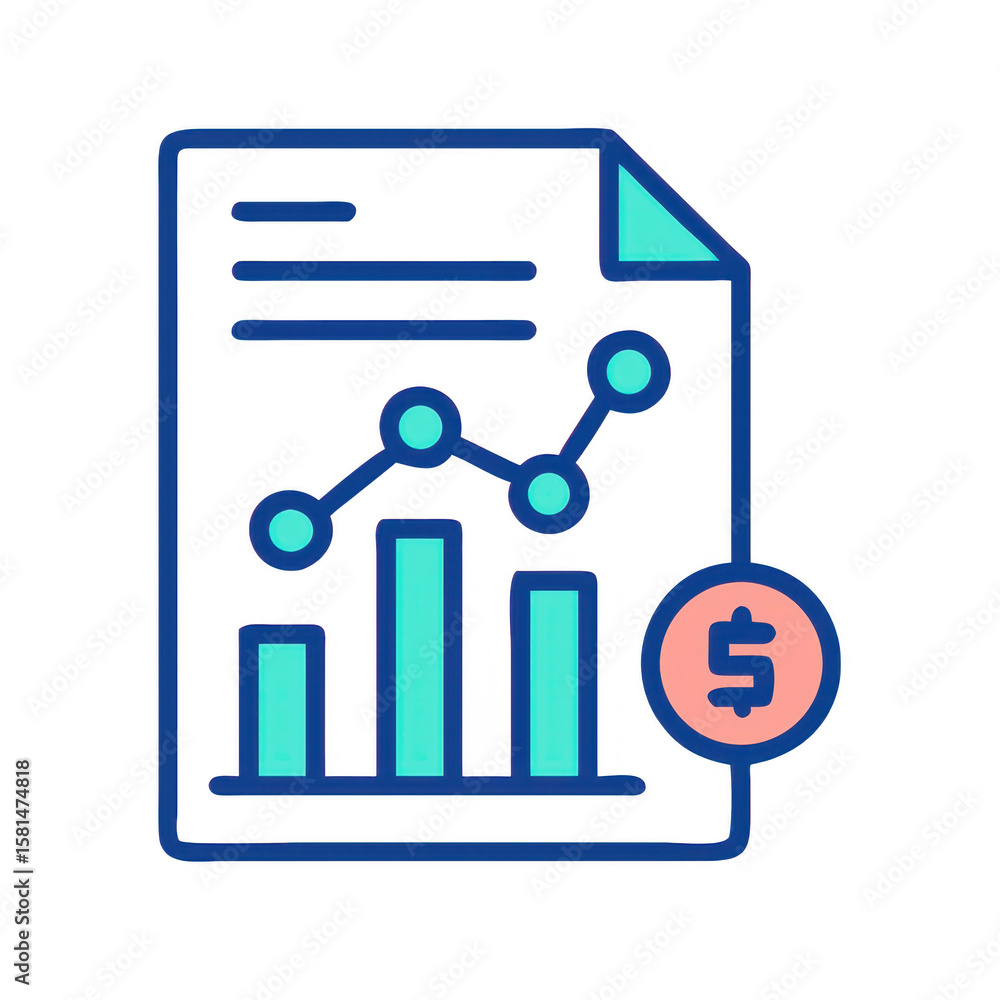 Poster financial report with bar chart line graph and dollar coin isolated on transparent background
