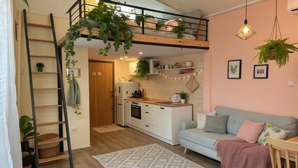 View of a cozy apartment interior with a loft bed, kitchen, sofa, and plants in a modern design