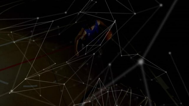 Player in blue jersey dribbling near foul line with wireframe overlay pulsing and dunking to score