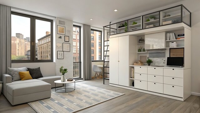 Interior view of a modern apartment with a sofa windows and a built in bed and storage unit