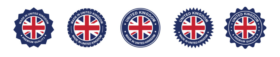 united kingdom product labels set. united kingdom flag, premium made in united kingdom. Labels, seals, stamps, flags, icons