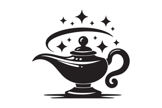 A black and white illustration of an aladdin lamp on a plain white background in a simple style