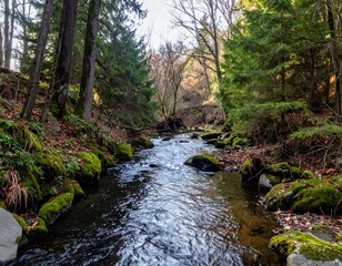 Obraz premium A serene forest stream flows over mossy rocks amidst tall evergreen trees and fallen autumn leaves, capturing the tranquil beauty of nature.