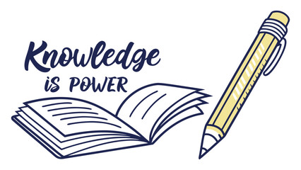 Inspirational quote knowledge is power with an open book and a yellow pencil on a white background