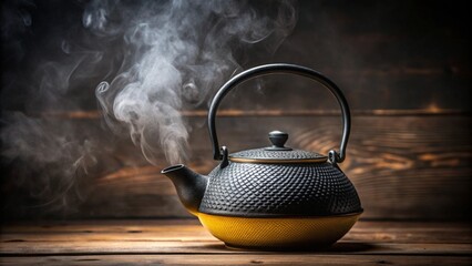 A steaming cast iron teapot sits on a wooden table, creating a warm and inviting atmosphere for a traditional tea ceremony