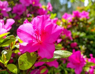 Vibrant Fuchsia Pink Azalea Flower Close-up. Beautiful blooming plant in sunny garden with soft bokeh background, symbolizing nature's beauty and spring's charm.