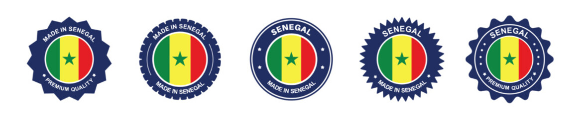 Senegal product label set. Senegal flag, premium made in Senegal. Labels, seals, stamps, flags, icons