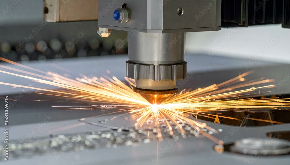Poster close-up of a high-power laser cutting machine precisely slicing through a metal sheet, generating a