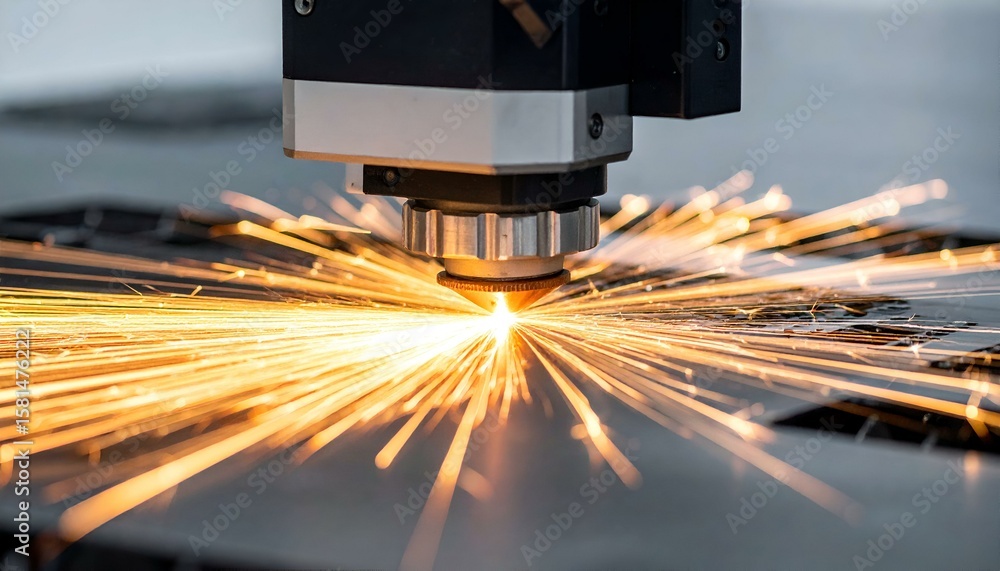 Poster laser cutting machine creating brilliant sparks while precisely cutting metal sheet. modern industri