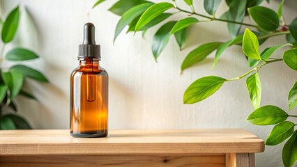 An amber glass bottle with essential oil and a dropper sits on a wooden table, surrounded by green leaves