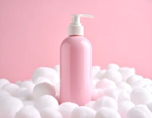Pink pump bottle for lotion or cosmetic on soft white balls against a pastel pink background. Ideal for beauty, skincare, personal care, and spa product promotions.