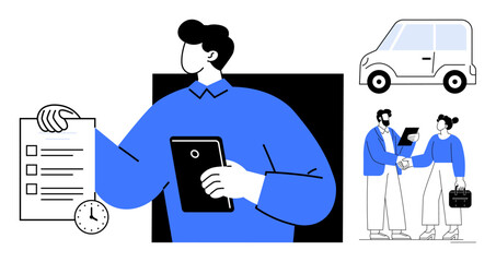 Person with tablet and checklist, handshake signifying deal, car suggesting travel or service context. Ideal for time management, agreements, teamwork, business, productivity, mobility