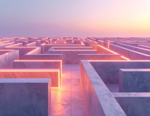 A vibrant, futuristic concrete maze illuminated by glowing neon lights, symbolizing complexity, challenge, and the journey to a clear solution. Perfect for themes of business, growth, and strategy.