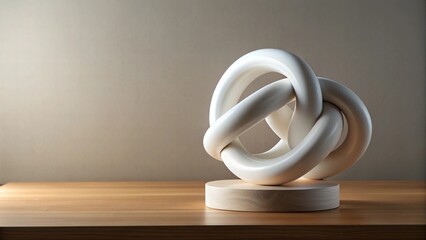 A modern white knot sculpture rests on a wooden base, showcasing abstract design and artistic form