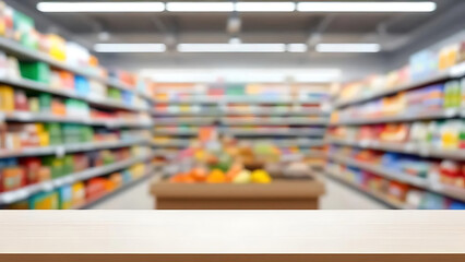 Wooden table top against blurred supermarket aisle with grocery shelves