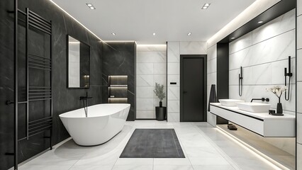A modern bathroom with a freestanding tub black accents and white marble and tile design elements shown