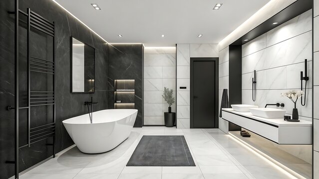A modern bathroom with a freestanding tub black accents and white marble and tile design elements shown - Powered by Adobe