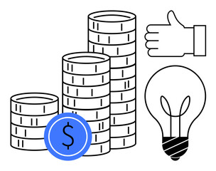 Stacks of coins symbolize wealth, a glowing light bulb idea, a thumbs-up for approval, and a blue coin represent financial success and innovation. Ideal for finance, investment, innovation, savings