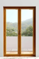 Double glass doors open to a lush landscape with a serene mountain backdrop