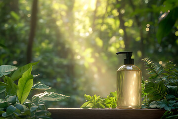 A transparent pump bottle of natural skincare product sits on a wooden surface, surrounded by lush green leaves, creating a fresh and organic forest-inspired setting.