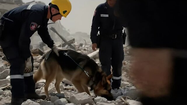 A German Shepherd search and rescue dog assists emergency responders in rubble.