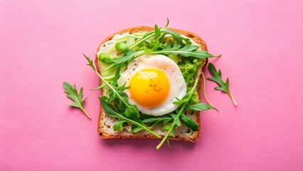 A vibrant toast topped with a fried egg, avocado, and arugula, presented on a bright pink background