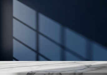 Empty White Marble Table Against A Dark Blue Wall With Window Frame Shadows From Sunlight For A Premium Product Display, Luxury Mockup, Skincare Background