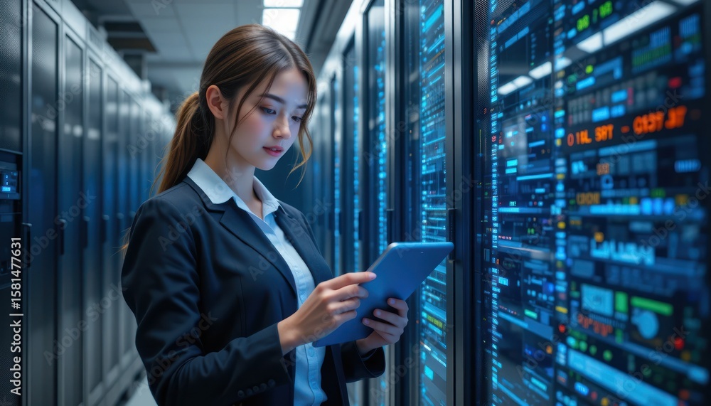 Poster technologist analyzing data in server room