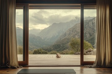 Fototapeta premium Tranquil mountain vista from a spacious room