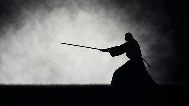 Silhouette of a samurai warrior in a dramatic pose with a katana sword