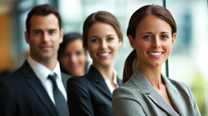 A businesswoman smiling in front of a group of businesspeople.