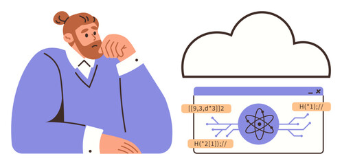 Man contemplating data in front of a cloud icon, window with atomic model, and programming elements. Ideal for technology, cloud computing, science, innovation, digital transformation, education