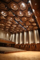 Obraz premium Large Modern Auditorium Stage with Hexagonal Wooden Ceiling Panels and Stage Lighting