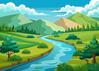 Obraz premium Vibrant cartoon landscape with a winding river flowing through green hills and mountains