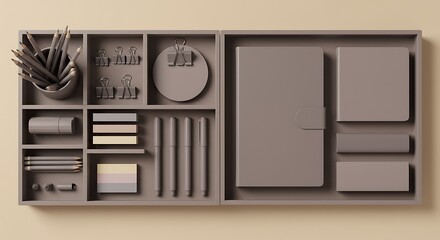 A monochromatic office supply set in a light brown frame, Perfect for students and office workers who love neutral colors, Ideal desktop aesthetic for neutral color scheme lovers