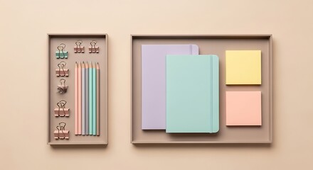 A collection of pastel-colored office supplies in trays, perfect for organization and planning,A calming and stylish workspace setup with notebooks, sticky notes, and stationery for creative work