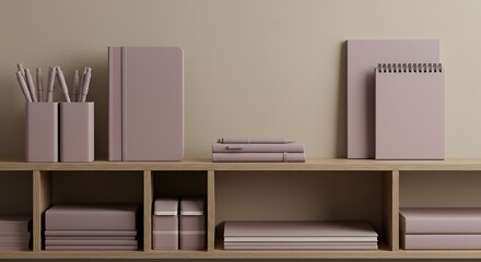 Stylish Desk Organizer with Pens and Notebooks in Mauve Tones, Minimalist Home Office Shelving Display in Neutral Mauve Palette