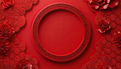 Red circular frame, intricate floral & pattern design
