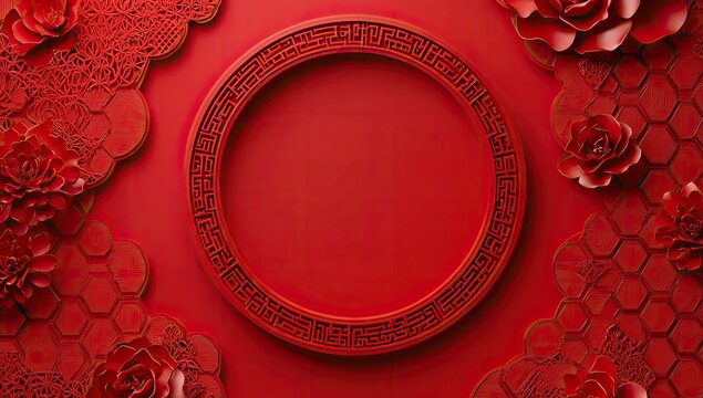 Red circular frame, intricate floral & pattern design