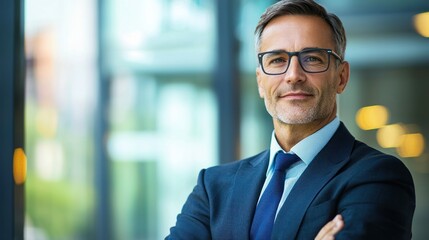 Naklejka premium A confident businessman in a suit and tie, standing in an office with his arms crossed, wearing glasses.