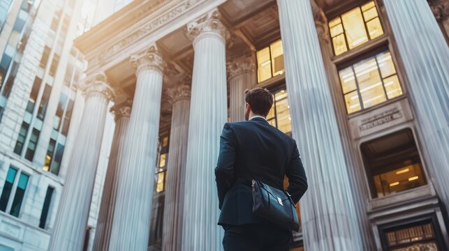 A man in a suit standing in front of a classical building with columns. - Powered by Adobe