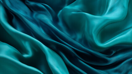 Obraz premium Smooth teal and blue fabric texture with flowing waves creates calming and abstract visual. silky material appears soft and luxurious, evoking sense of tranquility and elegance