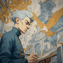 Man Writing in Book with Sketch Background