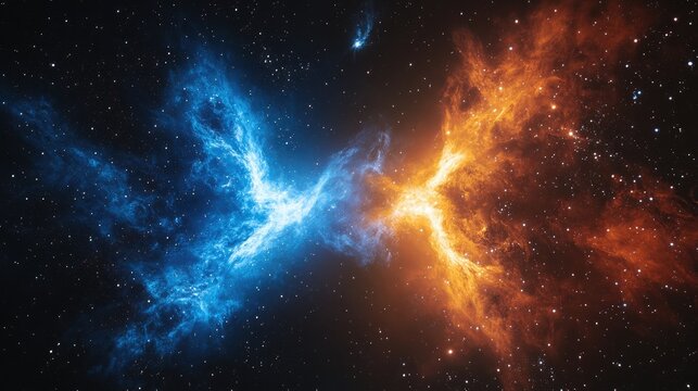 Cosmic nebulae clashing in space.  Fiery orange and icy blue clouds swirl against a dark starry backdrop